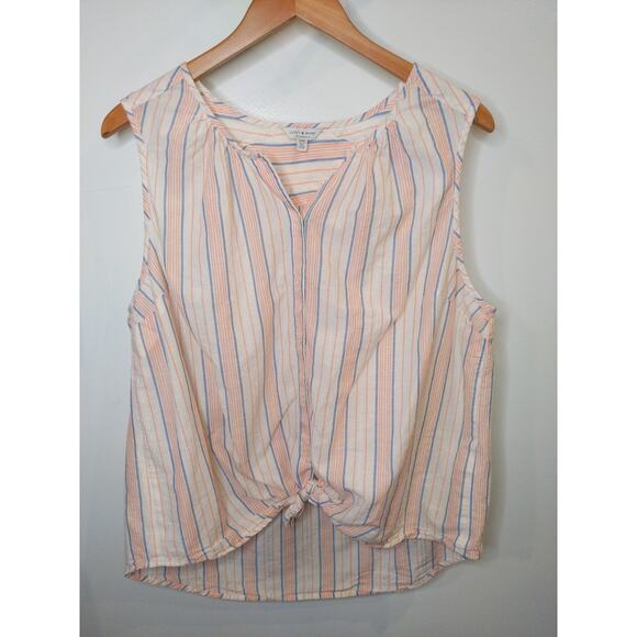 Lucky Brand Womens 1X Tank Top Tie Front Striped Cotton Cream Blue Peach - Picture 1 of 11